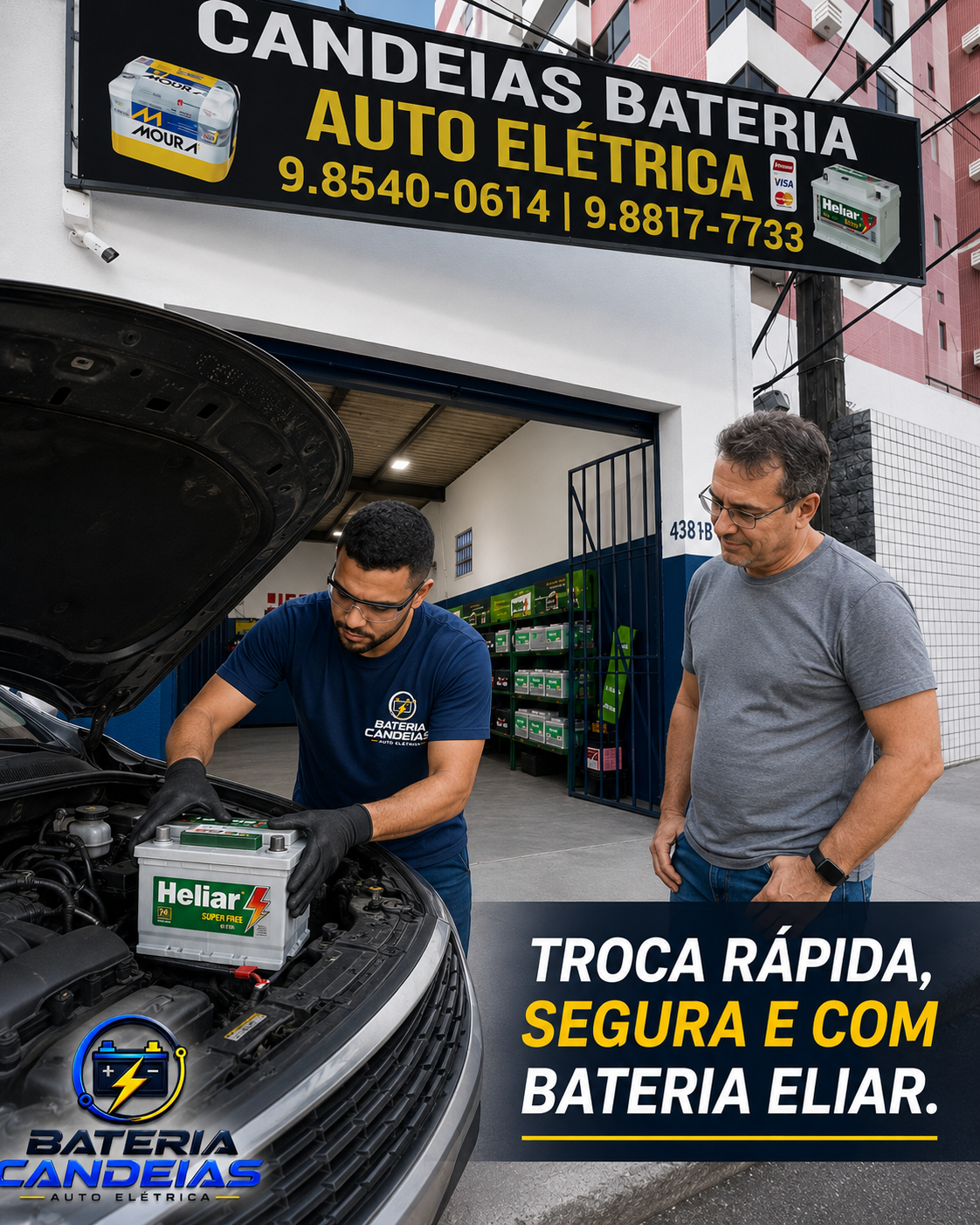 Técnico da Bateria Candeias fazendo a troca de bateria de um carro na loja
