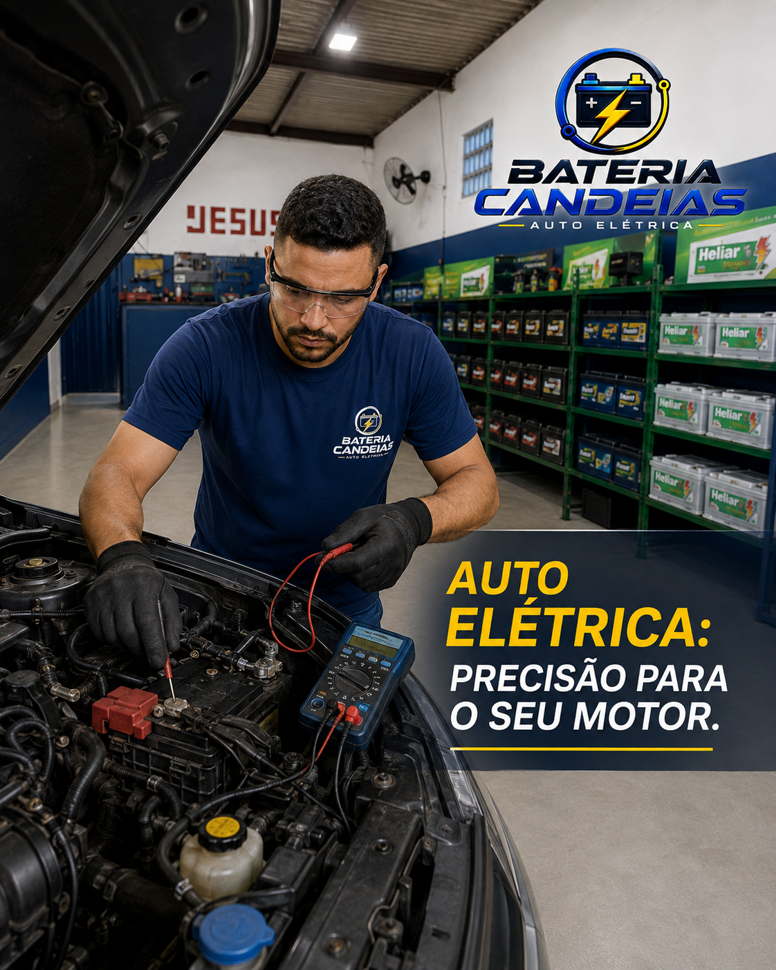 Técnico da Bateria Candeias verificando a parte elétrica do motor com multímetro na loja