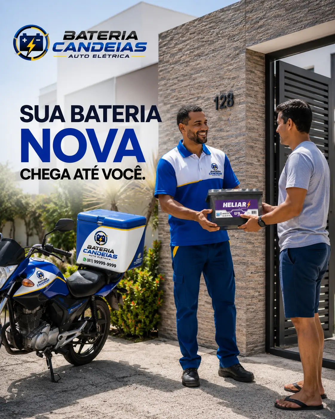 Entregador da Bateria Candeias entregando uma bateria nova ao cliente