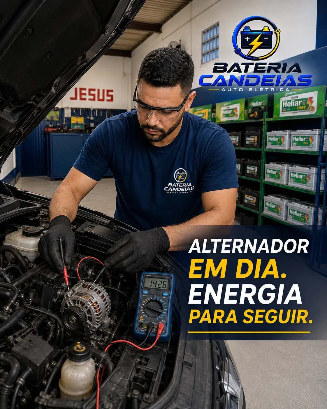 Teste de alternador com multímetro marcando 14.26 volts no motor do carro
