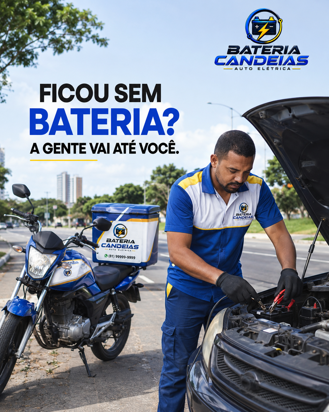 Técnico da Bateria Candeias fazendo socorro no local com cabos em um carro na rua