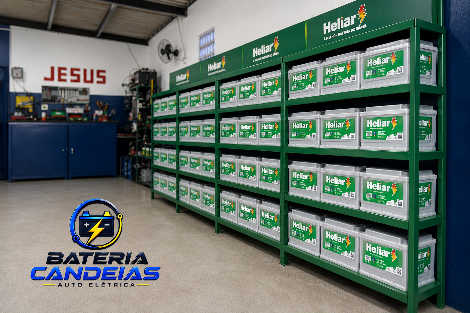 Prateleiras verdes com baterias Heliar organizadas na loja Bateria Candeias