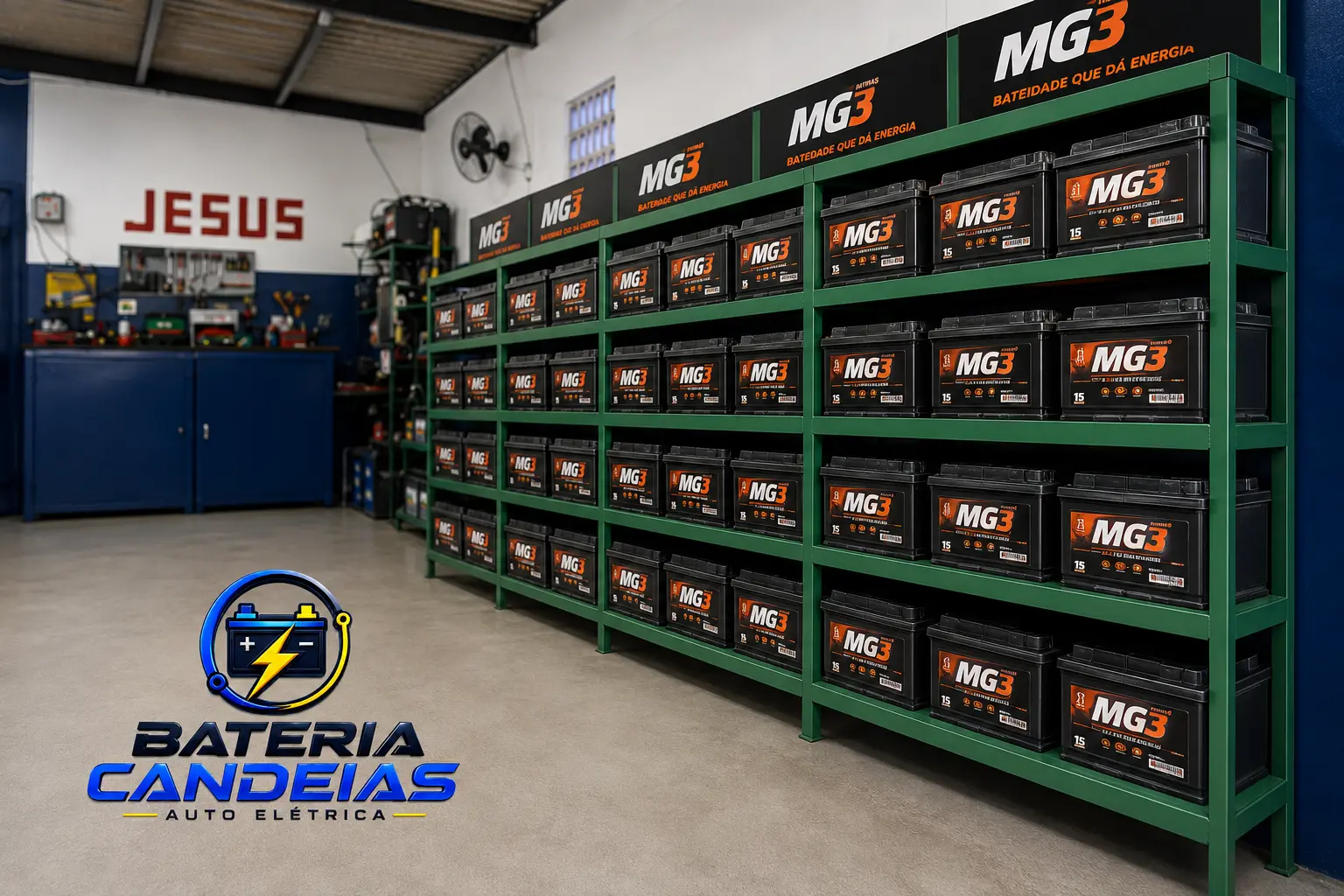 Estoque de baterias MG3 nas prateleiras da loja
