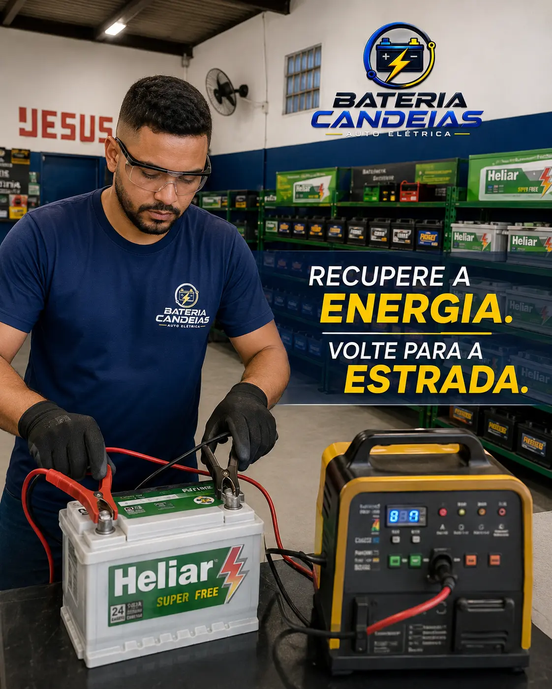Bateria Heliar conectada a um carregador durante o serviço de carga