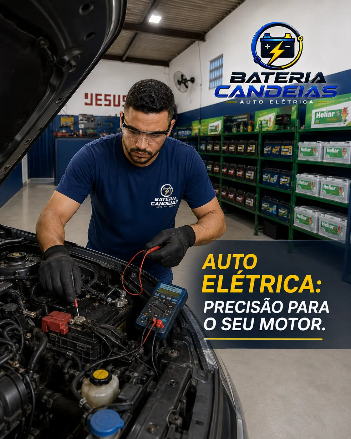 Profissional medindo a parte elétrica do motor de um carro com multímetro